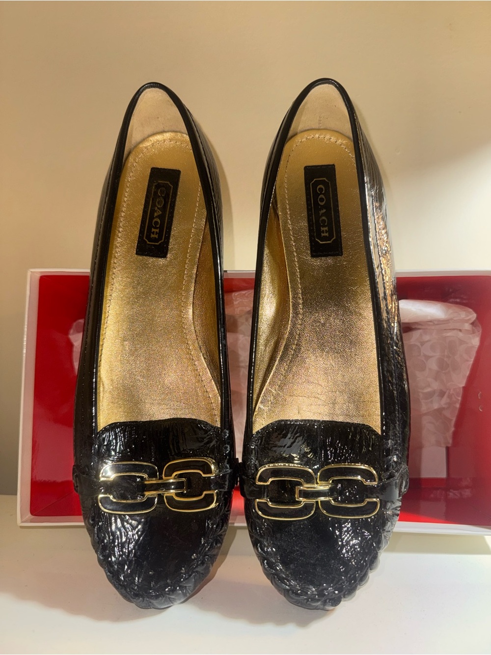 Coach Black Patent Leather Chain-Link Loafers